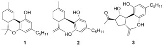 Cannabinoids THC (1), CBD (2), and cannabimovone (3).