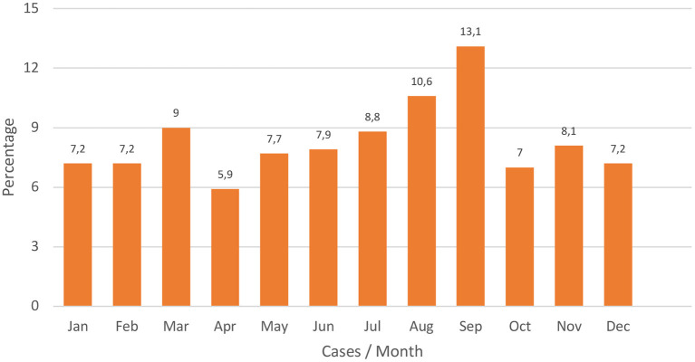 Distribution of cases by months (in percentage).