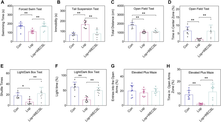 WECSL improved anxiety and depression behavioral in constipated mice. (A) Swimming time of mice in FST. (B) Immobility time of mice in TST. (C,D) The total distance traveled (C) and time stayed in the center zone (D) in the OFT. (E,F) Entries into the light chamber (E) and total time spent in the light chamber (F) in the LDBT. (G,H) Entries into open and closed arms (G) and the time spent in open arms (H) in the EPM. Data are presented as mean ± SD (n = 8 per group). *p < 0.05, **p < 0.01.