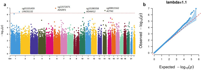 Results from the EWAS meta-analysis for lifetime cannabis use with Model 2 adjusted for cigarette smoking.a Manhattan plot. The dotted red line indicates the epigenome-wide significance cutoff at FDR < 0.05 (P<5.96×10−7). b QQ plot.
