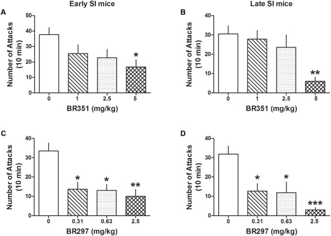 The analog of Allo, BR351 and BR297 decrease aggressive behavior in early and late adolescent SI mice. BR351 at the doses of 1, 2.5, and 5 mg/kg was administered both to early (A) and late (B) adolescent SI mice 60 min before the exposure to a resident–intruder test. Only the dose of 5 mg/kg improved aggression of SI mice with higher potency in late (EC50 = 3.75 mg/kg) than early (EC50 = 4.5 mg/kg) adolescent SI mice. BR297 at the doses of 0.3125, 0.625, and 2.5 mg/kg was administered both to early (C) and late (D) adolescent SI mice 60 min before the exposure to a resident–intruder test. Dose-response data analyses showed that BR297 was equally potent in decreasing aggression of early and late adolescent SI mice with an EC50 dose of 0.25 mg/kg. Data represent the mean ± SEM of 10–16 mice. ∗p < 0.05; ∗∗p < 0.01; ∗∗∗p < 0.001, when compared with basal control levels of aggression.