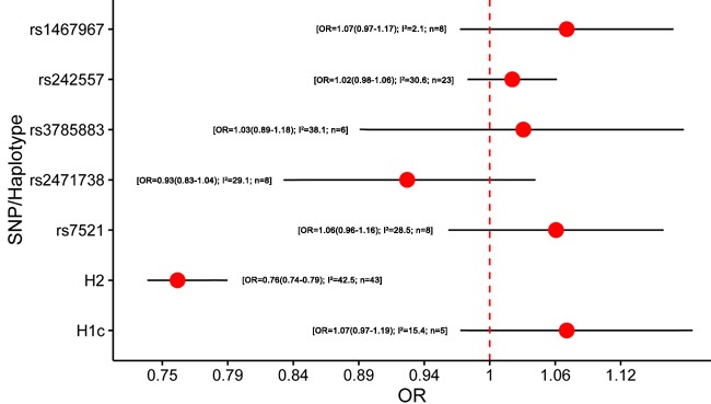 Results of the meta-analysis for five htSNPs, H2 haplotype and H1c subhaplotype in Parkinson's diseaseAbbreviations: OR, odds ratio; SNP, single nucleotide polymorphism; I2, the heterogeneity calculated by the Cochran Q test; n, the number of included studies.