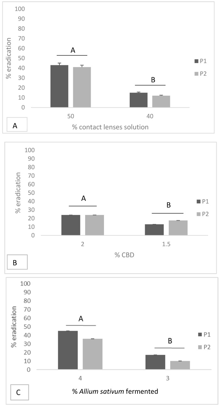Effect of Allium sativum fermented, CBD and Soft CL-care solution on the eradication of microbial biofilms on soft contact lenses; data with different letters (A–B) are significantly different (p < 0.05, T-Test). P1 = P. aeruginosa ATCC 9027; P2 = P. aeruginosa clinical strain.