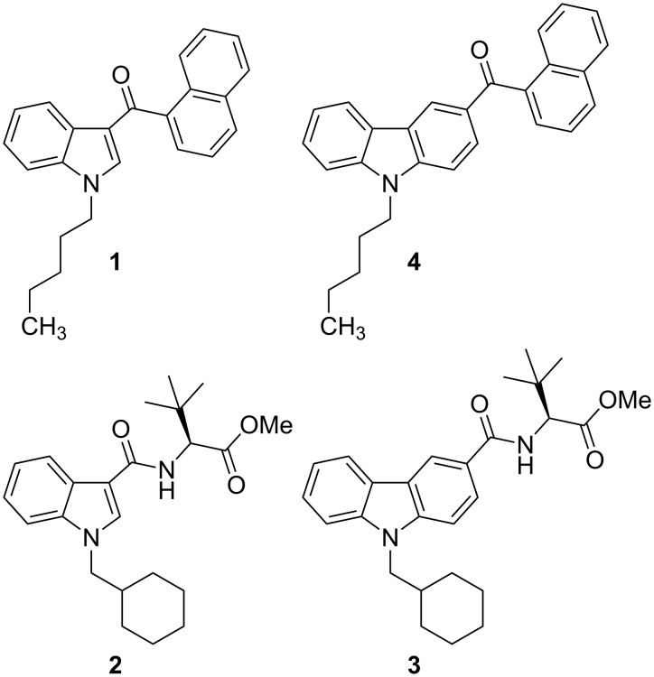 Synthetic cannabinoids JWH-018 (1), MDMB-CHMICA (2), MDMB-CHMCZCA (3), and EG-018 (4).