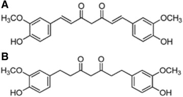 Chemical structure of curcumin and tetrahydrocurcumin. a Curcumin, C21H20O6. b Tetrahydrocurcumin, C21H24O6