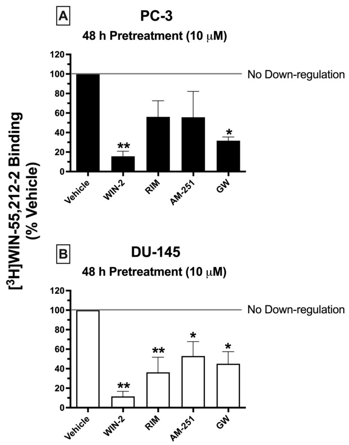 Chronic treatment of cells with CBR ligands: prolonged exposure of DU-145 and PC-3 cells to both high affinity CBR agonists and antagonists/inverse agonists results in CBR downregulation. PC-3 (A) and DU-145 (B) cells were cultured for 48 h in the presence of a receptor-saturating concentration (10 μM) of the different CBR ligands examined. Following chronic treatment, cells were thoroughly washed to remove residual drug, harvested, and cell lysates were prepared. Bars represent the amount of specific [3H]-WIN-55,212-2 binding (1 nM) remaining as compared to cells treated for 48 h with vehicle only and are presented as the means ± SEM of data collected from a minimum of three experiments. Significantly different from 100% (one-sample t-test, * p < 0.05, ** p < 0.001).