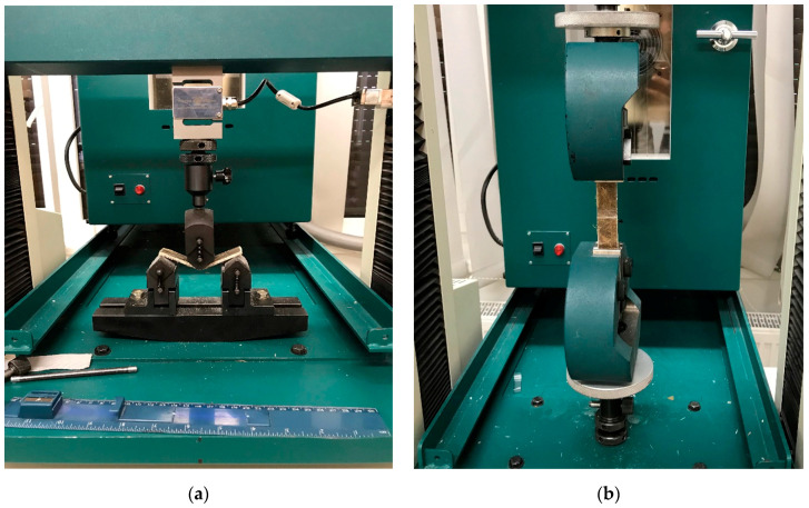 Three-point bending test for flexural properties on Tinius Olsen (a); interlaminar shear strength test on Tinus Olsen (b).