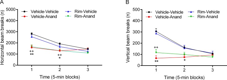 Blockade of CB1 receptors does not prevent the anandamide-induced decrease in locomotor activity and rearing.Rats were treated with rimonabant (5 mg/kg, ip) and anandamide (10 mg/kg, ip) and horizontal (A) and vertical beam breaks (B) were assessed in the small open field. Plus signs (++ p<0.01, rimonabant-anandamide group) and asterisks (* p<0.05, ** p<0.01, vehicle-anandamide group) indicate a decrease in horizontal and vertical beam breaks compared to the vehicle-vehicle group. N = 10–16 per group. Abbreviations: Anand, anandamide; Rim, rimonabant. Data expressed as means ± SEM.