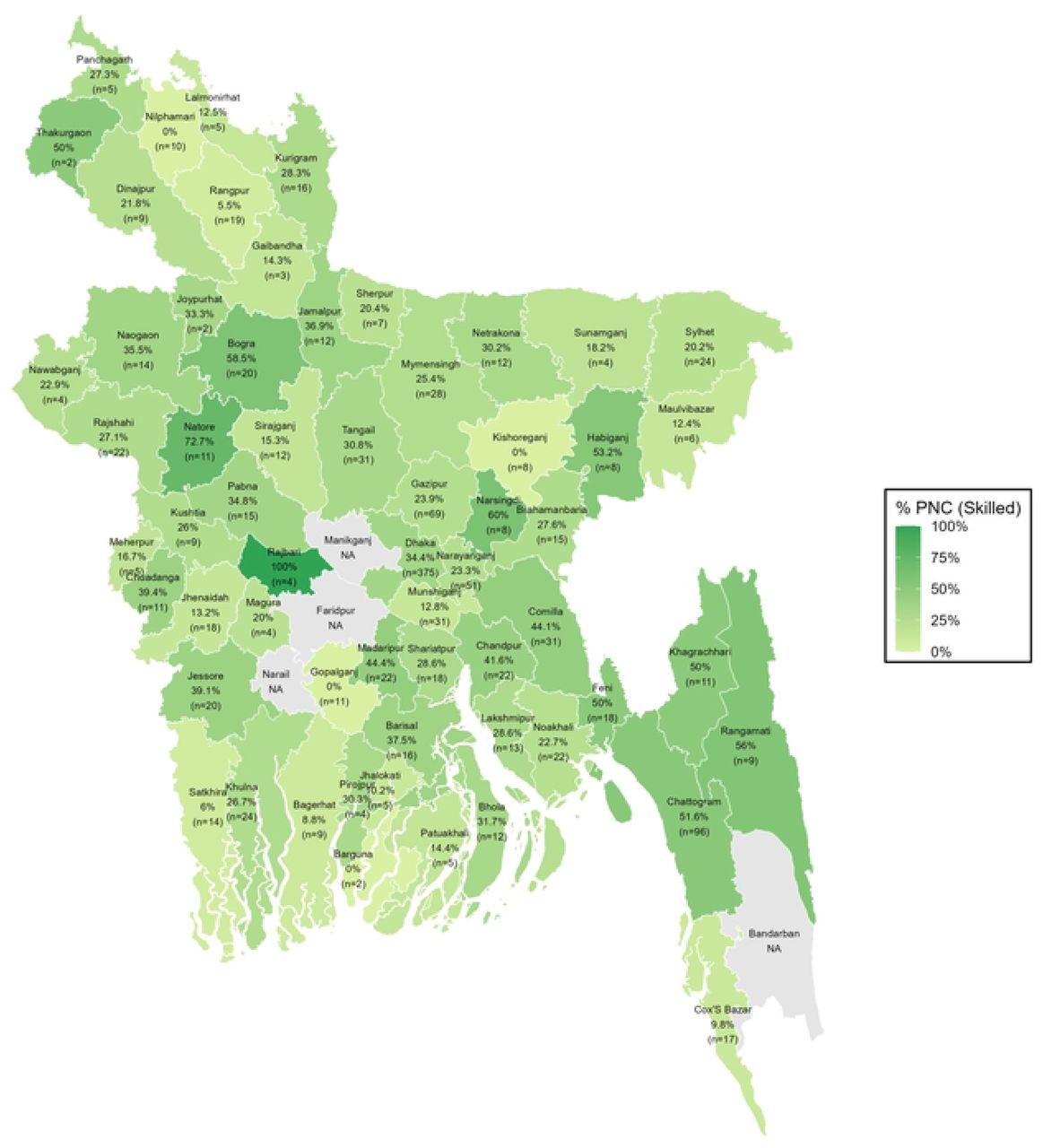 District-wise distribution of PNC utilization from skilled providers among urban women