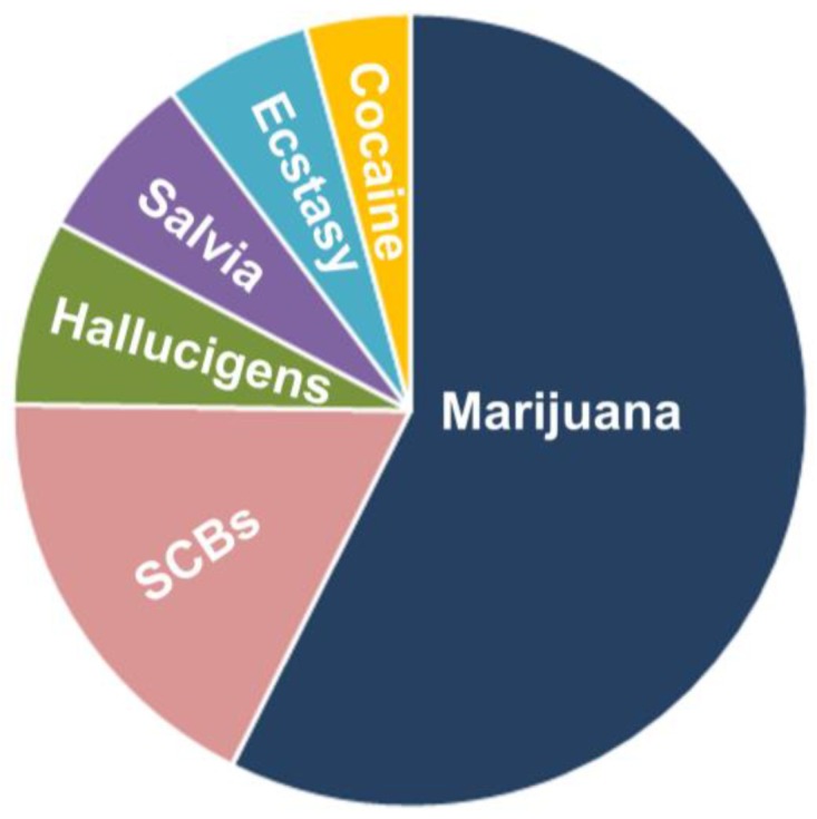 Pie illustration outlining the synthetic cannabinoid (SCB) abuse rate among high school-going children. SCB abuse is the most widespread among young people; of the illicit drugs most used by high school seniors, the use of SCBs are second only to that of marijuana (http://www.drugabuse.gov/publications/drugfacts/spice-synthetic-marijuana). The most common reasons for using SCBs were affordability, inability to detect SCBs in standard drug tests, and perceived physical and emotional benefits.