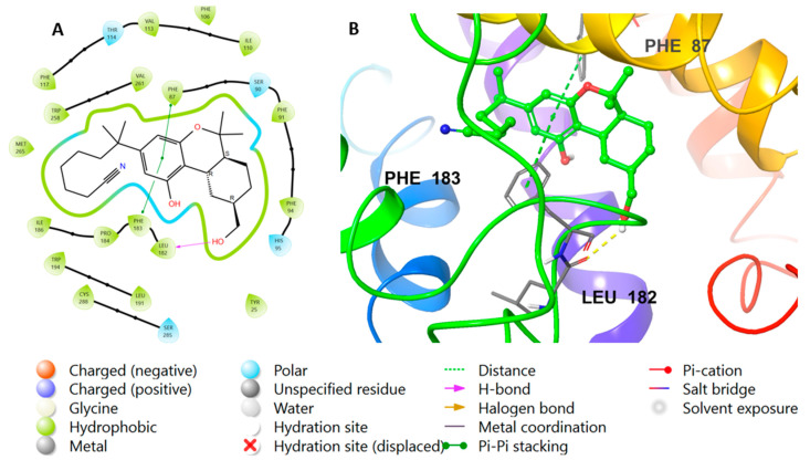 Re-docking of the co-crystallized ligand to validate the docking method. (A) The 2D view of the binding interactions of the reference ligand E3R complexed with CB2 after re-docking of ligand E3R into the CB2 crystal structure. (B) The 3D representation for CB2 complexed with ligand E3R (green color) after re-docking and interacting with side-chain residues (gray color).