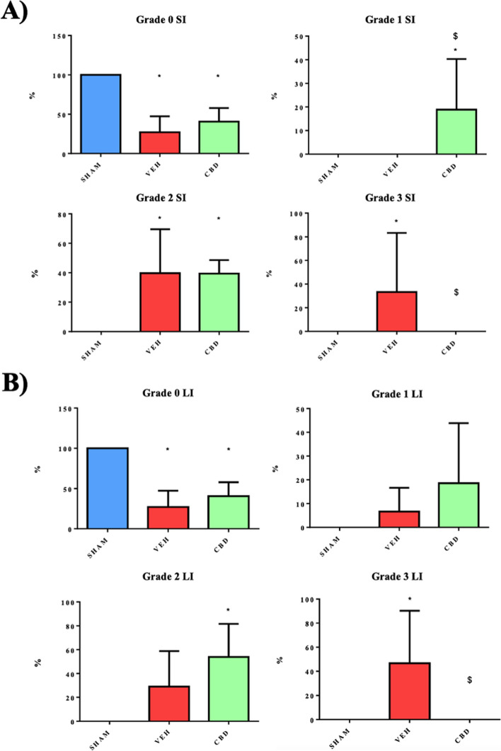 A Comparison of the variation in the values of consistency, colour and dilatation of the intestine at extraction for each of the study groups (p < 0.05). B Comparison of the variation of NEC grades, observed histologically with Haematoxylin-Eosin staining, of the small intestine in each of the study groups C) Comparison of the variation of NEC grades, observed histologically with Haematoxylin-Eosin staining, of the large intestine in each of the study groups. P value < 0.05. * significant difference compared to SHAM, $ significant difference compared to VEH