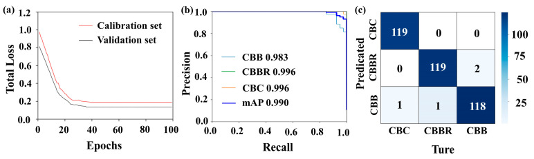Detection results of the multidimensional data Faster R-CNN CBD classification model: (a) loss curves; (b) PR curves; (c) confusion matrices.