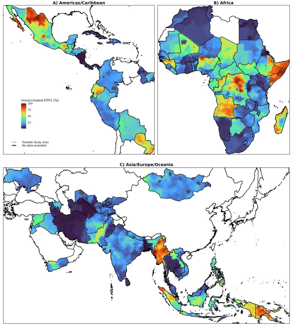Spatial distribution of the estimated proportion of children under 1 year of age who did not receive the first dose of the DTP vaccine in 2021 by district, for Latin America and the Caribbean (A), Africa (B), and Asia, Europe, and Oceania (C). Data are visualized using mean values of hexagonal bins of 50 km. National boundaries: GADM v 4.1 (Retrieved from https://gadm.org)