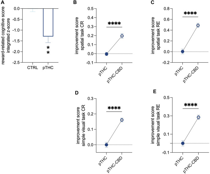 The recovery effect of CBD on the impaired reinforcement-related cognitive score of pTHC-exposed adolescent rat offspring. Rats prenatally exposed to THC displayed a lower reinforcement-related cognitive integrated z-score than CTRL rats (A). CBD reversed pTHC-induced alteration in spatial and configural cognitive processing in the Can test of the adolescent offspring, by improving CR- and RE-related cognitive scores in pTHC-CBD rats tested in both spatial- (B,C) and simple visual (D,E) tasks. Each bar represents the mean of n = 10 rats; error bars indicate SEM. **p < 0.01, ****p < 0.0001. CTRL, male rat offspring prenatally exposed to Veh; pTHC, male rat offspring prenatally exposed to THC; pTHC-CBD, male rat offspring prenatally exposed to THC and exposed to CBD in adolescence; CR, correct responses; RE, reference memory errors.