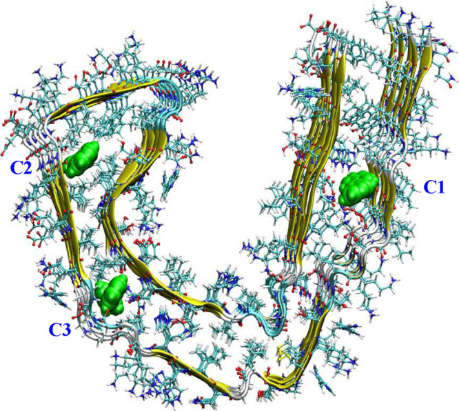 Cryptic binding sites in AD-derived tau fibrils as obtained from the organic solvent profiling approach.
