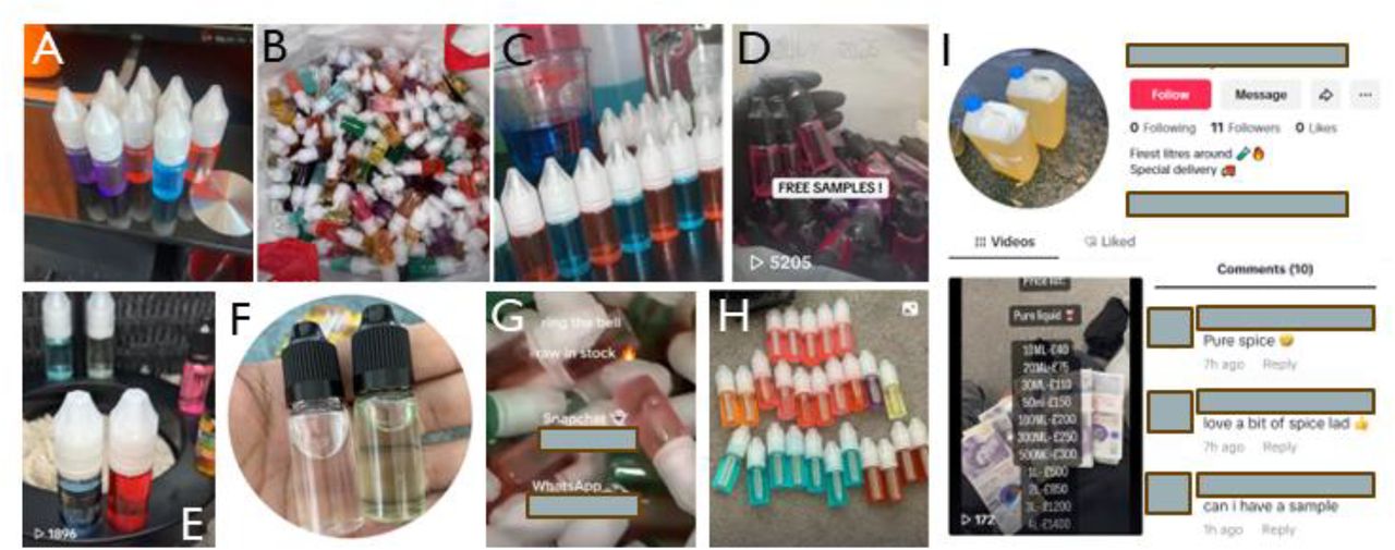Examples of samples used to putatively identify SC liquids. Panels A-I represent different accounts from either TikTok or Instagram. Panel I shows further details from a specific account including the acknowledgement the products are SCs from comments and pricing structure.