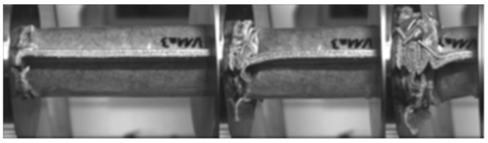 Failure mechanisms for V11 material in a quasi-static test.