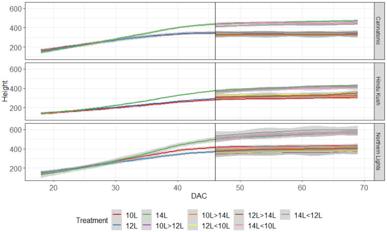 Plant height (mm) for the 9 treatments over time. The graph starts when plants entered the flowering treatments. The black line shows the point at which plants moved to their second treatment. DAC 46 N = 15, after DAC 46 N = 4−5.
