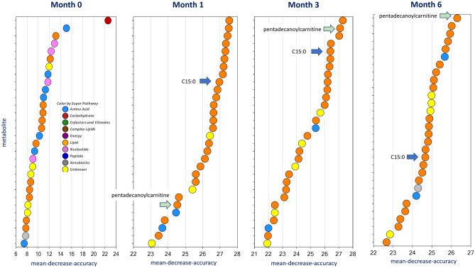 Top 30 biochemicals predicting dolphins on a modified, higher-C15:0 fish diet. Random Forest biochemical importance plot of the top 30 biochemicals in the bottlenose dolphin (Tursiops truncatus) serum metabolome that predicted dolphins on modified fish diet compared to dolphins on the baseline diet for Months 0 (baseline), 1, 3, and 6. Rankings of C15:0 and pentadecanoylcarnitine, by Month, are pointed out.