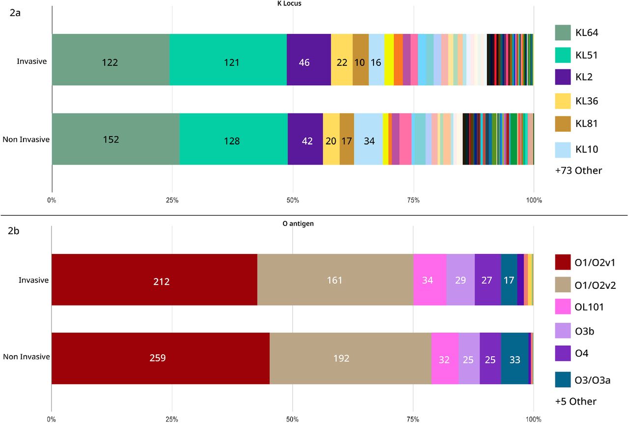 Distribution of KL and O types among invasive and noninvasive specimens. The bars are stratified by the number of samples in each KL and O type. The bars are stacked to 100%.