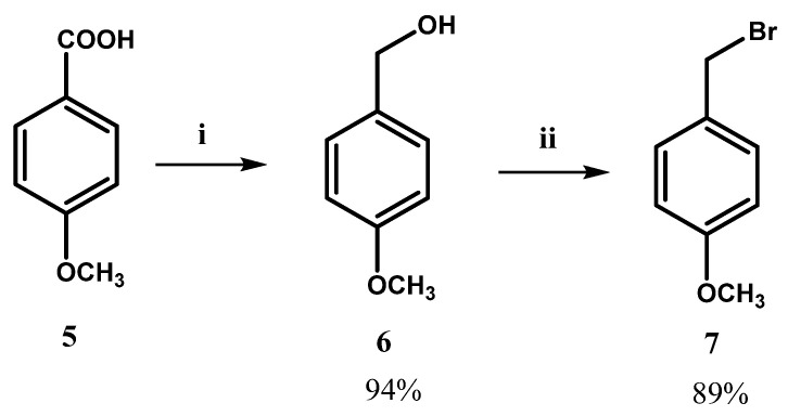 Synthesis of 4-methoxybenzyl bromide (7), which was used as reagent to obtain regioisomers 4(a-d) and 4(a’-d’). Reagents and conditions: (i) LiAlH4, dry THF, 1 h. Then, HCl, 1N. (ii) PBr3, diethyl ether, 24 h.