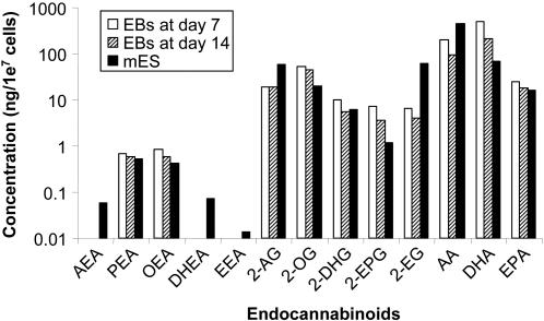 Comparison of endocannabinoid levels in mES cells and EBs at days 7 and 14, when the number of cells in each group is normalized to 107 ( = 1e7).The groups depict the logarithms of each value. AEA, DHEA and EEA endocannabinoid levels were detected but were lower than the limit of quantitation (<0.05 ng/1e7 cells) for the number of cells analyzed.