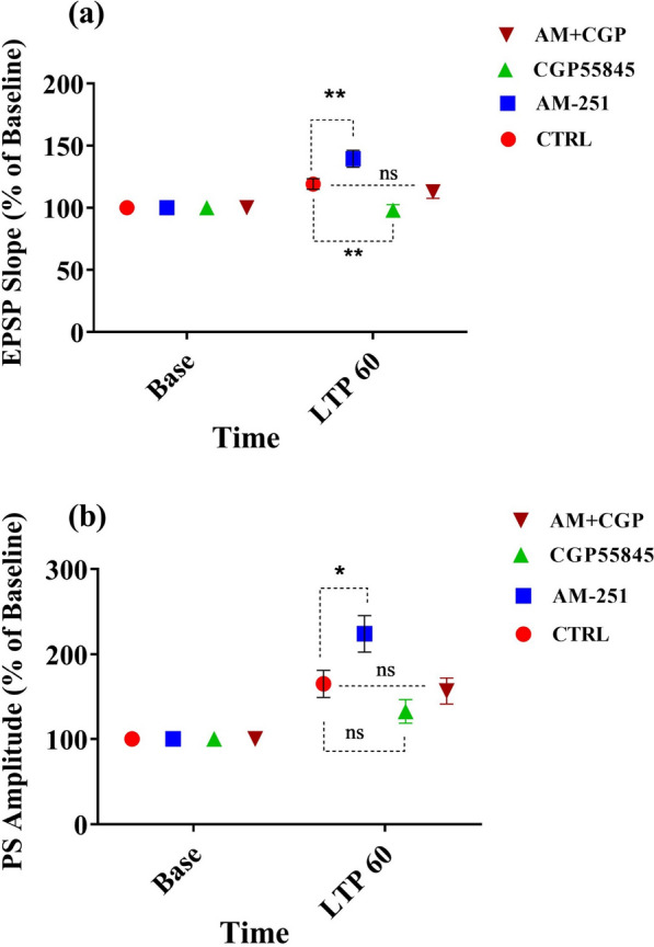 Time-dependent alterations in hippocampal responses to perforant path stimulation after a HFS. The effect of AM-251 (CB1 receptor antagonist), CGP (GABAB receptor antagonist), and AM + CGP on LTP induced by high frequency stimulation to performant path. The graphs show the changes of slope (a) and amplitude (b) of fEPSP recorded from DG neurons compared to baseline (control, CTRL). Values are reported as mean ± SEM % of baseline. *P < 0.05, **P < 0.01, ns not significant