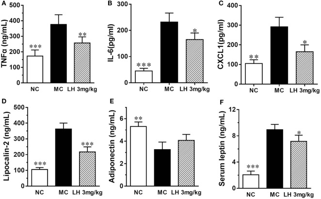 Impact of LH-21 on serum adipokines in KKAy mice. (A) TNFα, (B) IL-6, (C) CXCL1 (D) Lipocalin-2, (E) Adiponectin, (F) leptin. NC, normal control; MC, model control; LH, LH-21. Values are mean ± SD. n = 8; *p < 0.05, **p < 0.01, ***p < 0.001 vs. MC group.