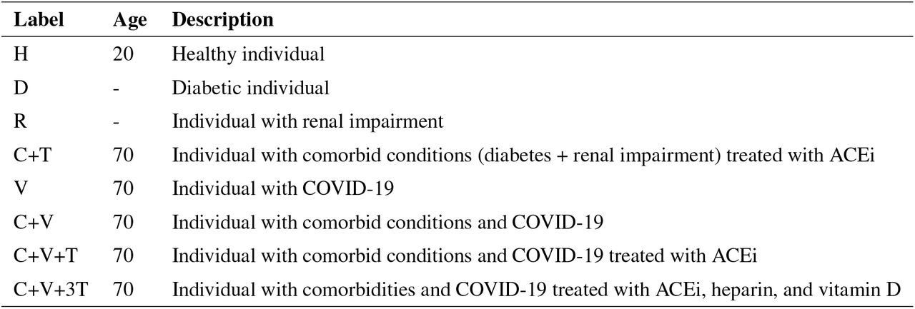computational patients’ conditions used for the simulations. The diabetic and the RAS models do not depend on patient’s age. Lifestyle habits have been set as three meals and one light workout session in the afternoon for all patients.