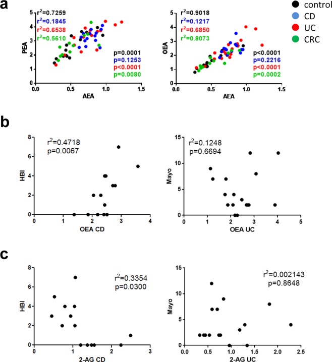 Correlations within endocannabinoid and endocannabinoid-like lipid levels and with parameters of disease severity. (a) Anandamide (AEA) levels (ng/ml) highly correlate with levels of palmitoylethanolamide (PEA) and oleoylethanolamide (OEA) (ng/ml) in plasma samples of controls and in patients with ulcerative colitis (UC) and colorectal cancer (CRC). (b) OEA (ng/ml) highly correlates with severity of CD (Harvey Bradshaw Index, HBI) but not with severity of UC (Mayo score). (c) 2-arachidonoylglycerol (2-AG) correlates negatively with HBI in CD, but not with Mayo score in UC. N = 12–17; Pearson correlation; p < 0.05 considered significant.