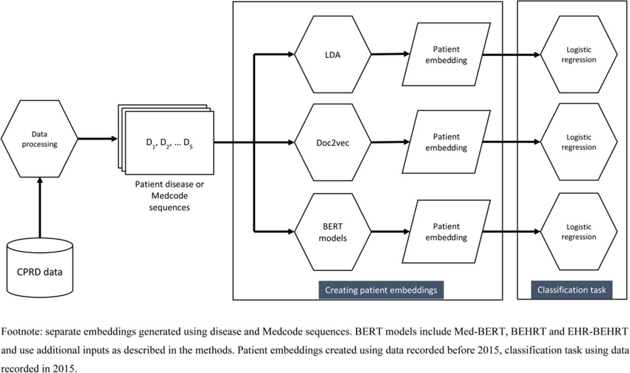 Analysis pipeline for generating patient embeddings and predicting outcomes