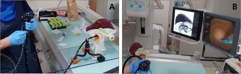 Orientation of the ERCP phantom. a The ERCP phantom is placed in the opposite direction on the fluoroscopy table; b Adjustment of the fluoroscopic imaging