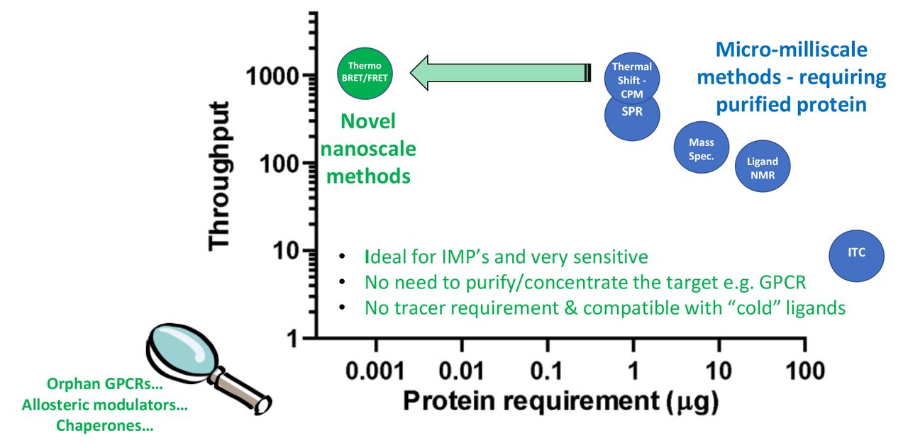A comparison of biophysical techniques used in drug screening cascades.Outlined are the protein requirements of each technique and their estimated daily throughput screening potential, along with the advantages of ThermoBRET and some potential uses.