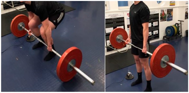 Demonstration of the conventional deadlift technique, from the beginning (left) to the end of the concentric phase of the lift (right).