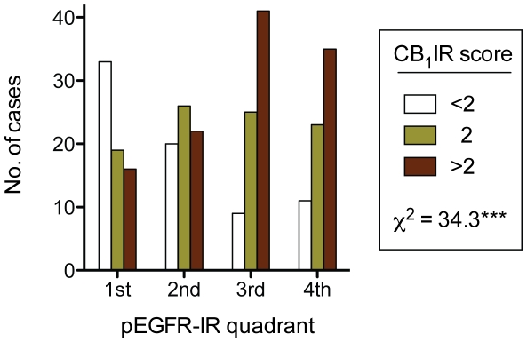 Distribution of CB1IR scores for different pEGFR scores in prostate tumour tissue.The pEGFR scores were divided into quadrants (1st, pEGFR <2.6, n = 68; 2nd, 2.6–3.29, n = 68; 3rd 3.3–3.7, n = 75; 4th, >3.7, n = 69) and the CB1IR score at each quadrant shown. The number of cases with CB1IR scores <2, 2 [the median value] and >2 were 73, 93 and 114, respectively. ***p<0.001, χ2 test.