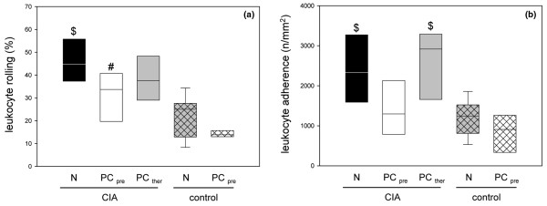 Primary and secondary leukocyte–endothelial cell interactions in synovial venules of animals with collagen-induced arthritis. Quantitative analysis of (a) primary (rolling) and (b) secondary (firm adherence) leukocyte–endothelial cell interactions in the synovial venules of animals with collagen-induced arthritis (CIA) and either the normal diet (N) or the phosphatidylcholine-enriched diet, starting either with the CIA induction (PCpre) or with the clinical onset of the disease (PCther). For the induction of CIA, animals were immunized twice with collagen II and complete Freund's adjuvant/incomplete Freund's adjuvant. Three weeks after the second immunization, the knee joints were assessed by intravital fluorescence microscopy, as described in Materials and methods. Values given as medians with the 25th and 75th percentiles. #P < 0.05 versus N/CIA. $P < 0.05 versus N/control.