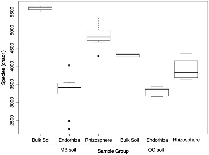 Box plots of alpha diversity (observed species) for endorhiza, rhizosphere, and bulk soil from two separate soil types in the second eperiment.MB = Mo-Bio soil, OC = Orange County soil. Note the significant differences between alpha diversity in the bulk soil and rhizosphere but negligible differences between endorhiza alpha diversity between soil types.