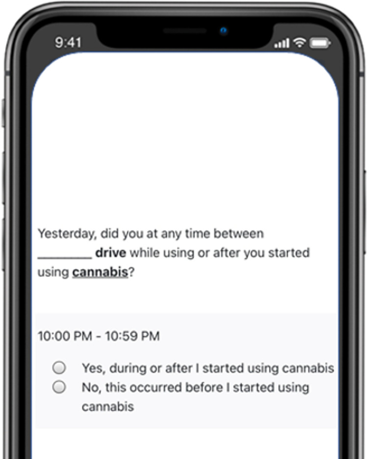 Example of question assessing overlapping transportation and substance use.Note: For every 1-hour period a participant chooses for both a transportation and alcohol and/or cannabis use question, they are provided with this follow-up question to determine when transportation occurred in relation to the substance use.
