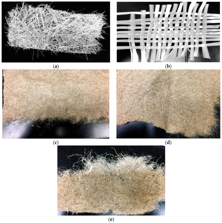 Different fiber mats used in the study. (a) non-woven glass mat; (b) woven glass mat; (c) flax1; (d) flax2; (e) hemp-agave.