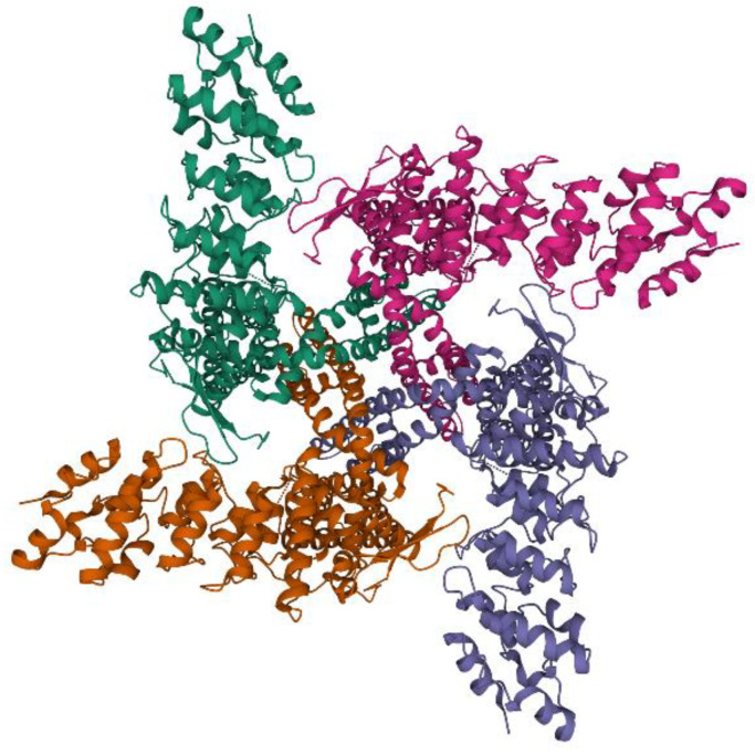 Three-dimensional structure of TRPV1. The image shows a caption of the protein structure obtained by Liao et coll. (2013) using single-particle electron cryo-microscopy [26]. Obtained from https://www.rcsb.org/structure/3J5P (accessed on 20 April 2021), PDB ID 3J5P [29,30].