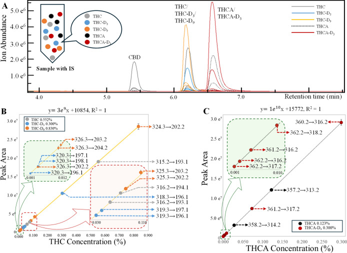 (A) Representative chromatograms of the sample spiked with CBD (0.5%, 2.5 μg/mL), THC (0.552%, 2.76 μg/mL), THC-D3 (0.3%, 1.5 μg/mL), THC-D9 (0.830%, 4.15 μg/mL), THCA (0.123%, 0.615 μg/mL), and THCA-D3 (0.3%, 1.5 μg/mL). (B) ISCC for THC using the combined MIRM transitions of THC-D3 and THC-D9. Gray markers show concentrations calculated from native-isotopologue THC transitions. (C) ISCC for THCA using the MIRM transitions of THCA-D3. Black markers show concentrations calculated from native-isotopologue THCA transitions.
