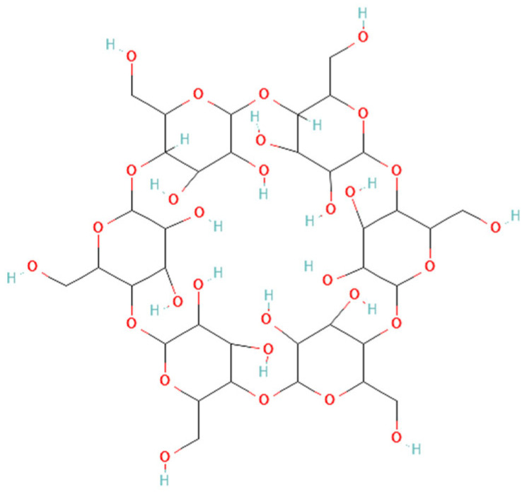 Chemical structure of cyclodextrin. (PubChem CID: 320760; image was retrieved from PubChem: https://pubchem.ncbi.nlm.nih.gov/compound/320760; access date 8 January 2025).