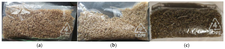 Pellets produced: (a) PLA, hemp, and GMA; (b) PLA and treated hemp; and (c) PLA with treated hemp and GMA.