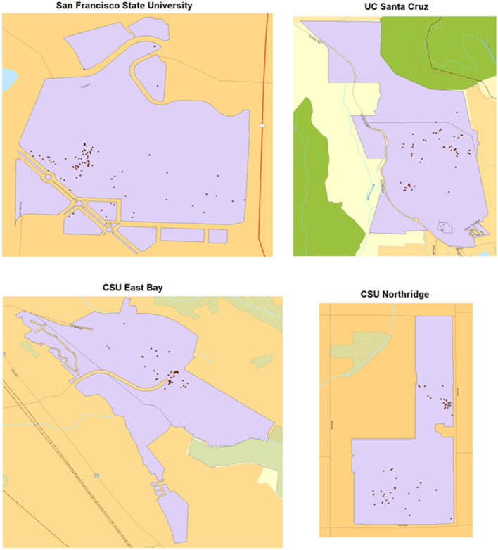 Locations of Twitter posts from the top four colleges by volume of smoking-related tweets, with purple polygons denoting university lands, and dots representing tweet locations.