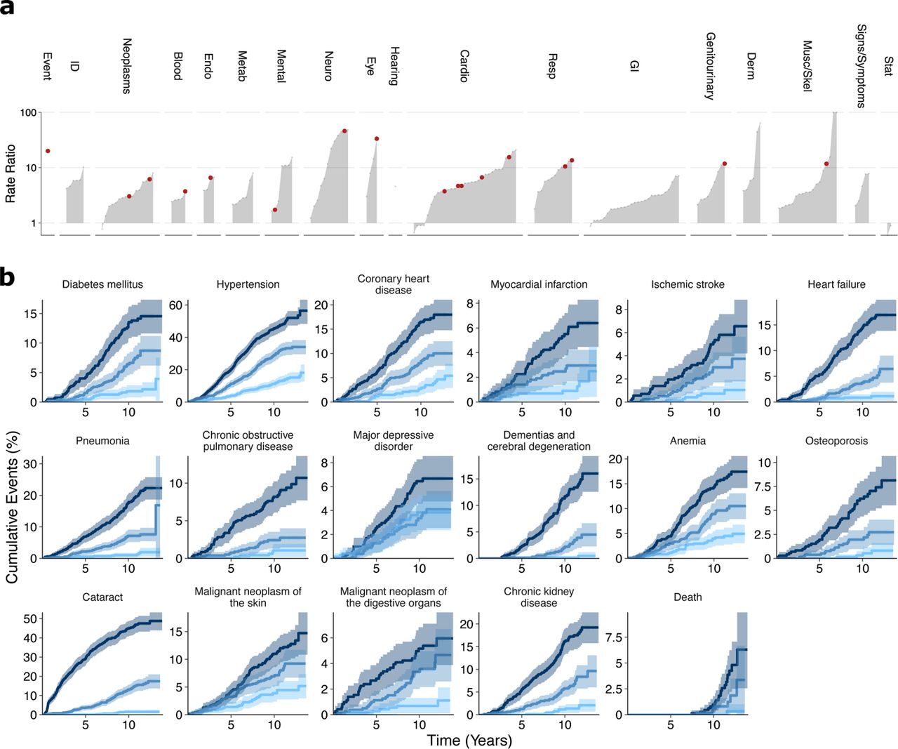 Stratification in external validation in the EPIC-Norfolk Eye Studya) Ratio of incident events in the Top 10% compared with the Bottom 10% of the estimated risk estimates for 173 endpoints (>= 100 incident events). Red dots indicate the selected endpoints displayed in b) Cumulative event rates for a selection of endpoints for the Top 10%, median, and Bottom 10% of risk percentiles over 15 years. Statistical measures were derived from 7,248 individuals. Individuals with prevalent diseases were excluded from the endpoints-specific analysis.