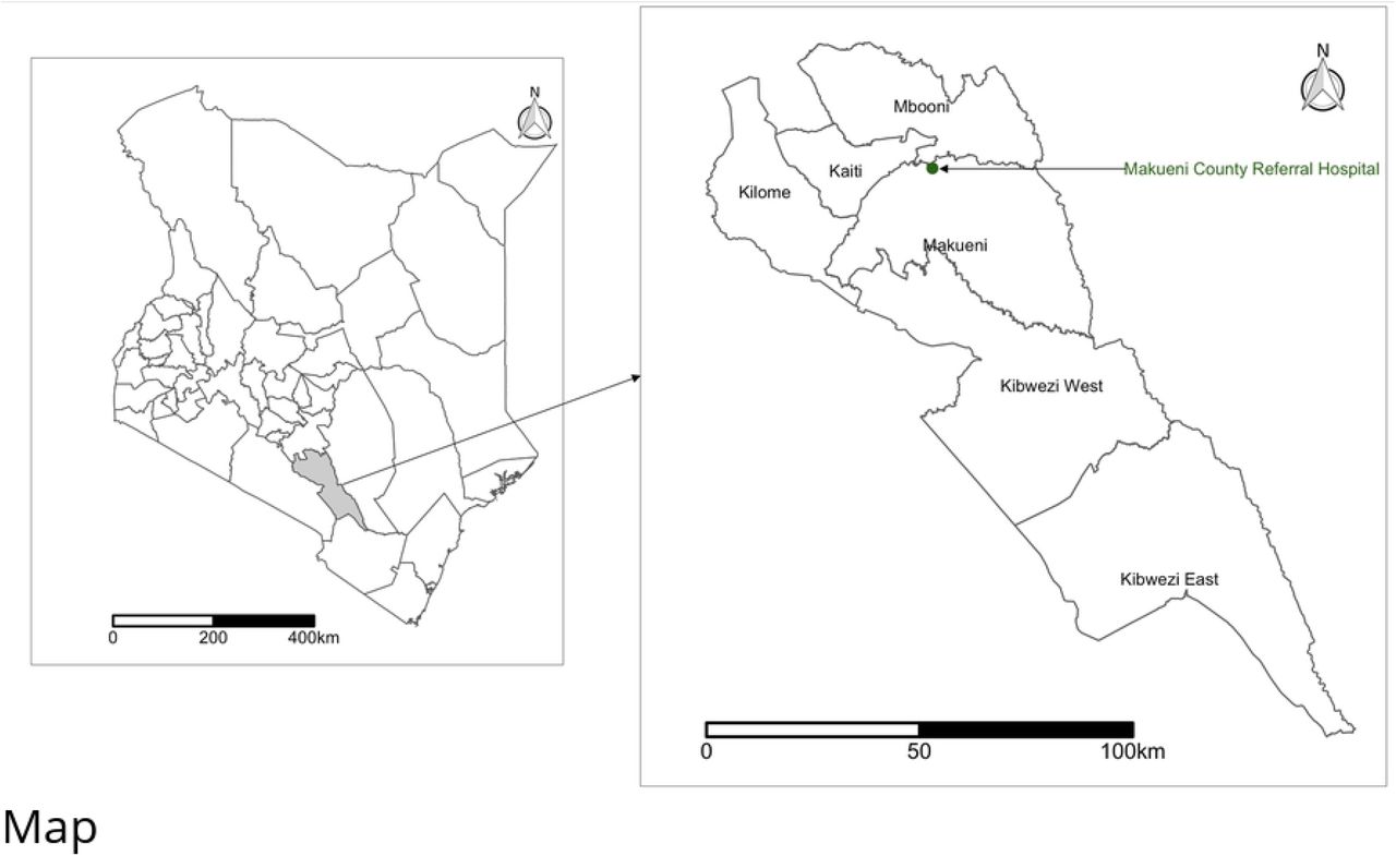Map of Kenya highlighting the location of Makueni County (left) and the Makueni County Referral hospital in Makueni subcounty (right). Shapefile source: Database of Global Administrative Areas [21].
