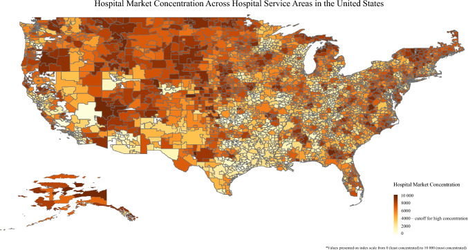 Geographic distribution of hospital market concentration measured by the Herfindahl-Hirschman index across hospital services areas in the United States
