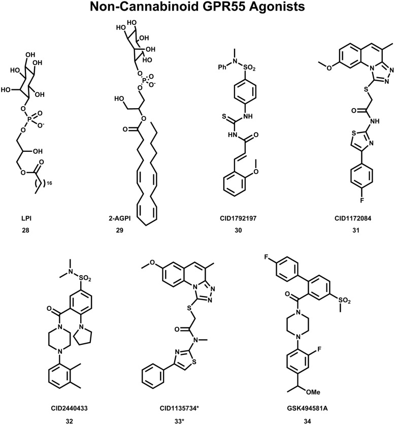 Non-Cannabinoid agonists that activate GPR55 are shown here. *CID1135734 (34), while structurally related to other GPR55 agonists, does not bind to GPR55 and was used as a negative control.