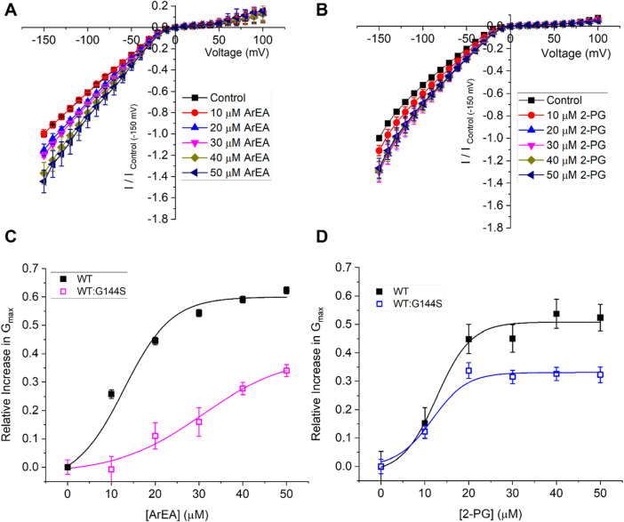 Endocannabinoids alter mutant Kir2.1 channels linked to Andersen-Tawil Syndrome/LQT7. Current-voltage (I-V) relationship of (A) WT Kir2.1 channels (black squares) or (B) 1:1 WT:G144S Kir2.1 channels following the incremental addition of the ArEA (n = 6) or 2-PG (n = 5). For each cell, currents were normalized to the current elicited at −150 mV for control conditions (0 µM endocannabinoid). This enabled the averaging of pair-wise data from different cells. (C,D) Concentration dependence curves were calculated for each endocannabinoid by plotting the relative increase in slope conductance (Gmax) compared to control. Data was then fit to a dose-response function to determine EC50 and maximal effect (Emax).